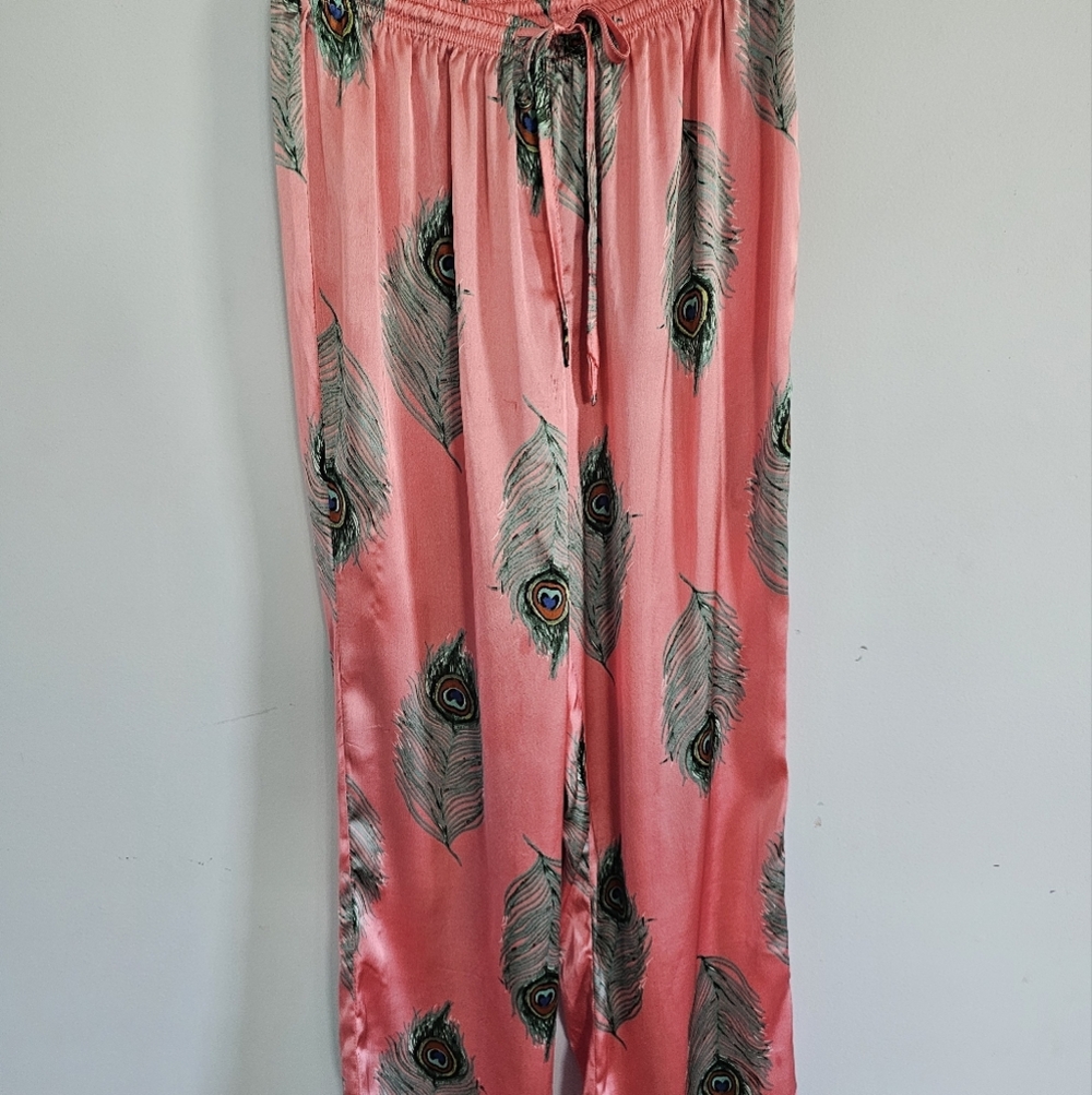 Elegant Satin Pajama Pants with Feather‎ Design